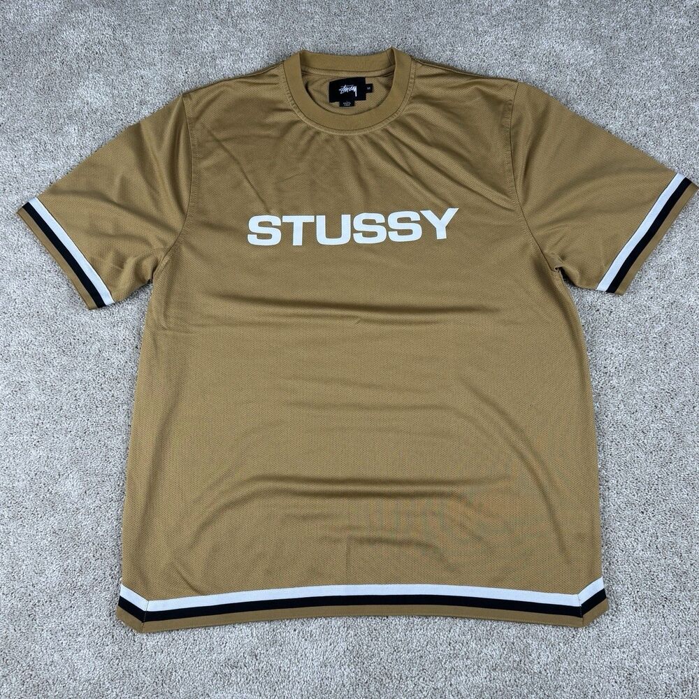 Stussy Shirt Mens Medium MD Gold Logo Mesh Jersey Crewneck Streetwear Tee Casual